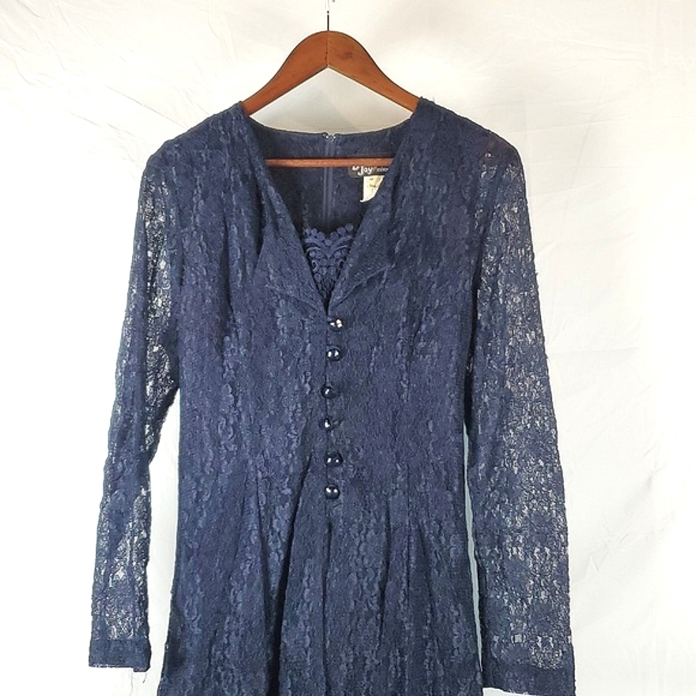 Vintage‎ 90s Corset Back Blue Lace Dress - Picture 2 of 8